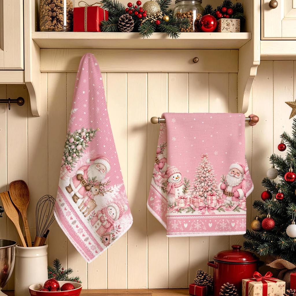 2pcs Set Kitchen Towels Pink Christmas Fairy Tale IllustrationHand Towels Christmas Decorations For Home Noel Dish Towels Gifts