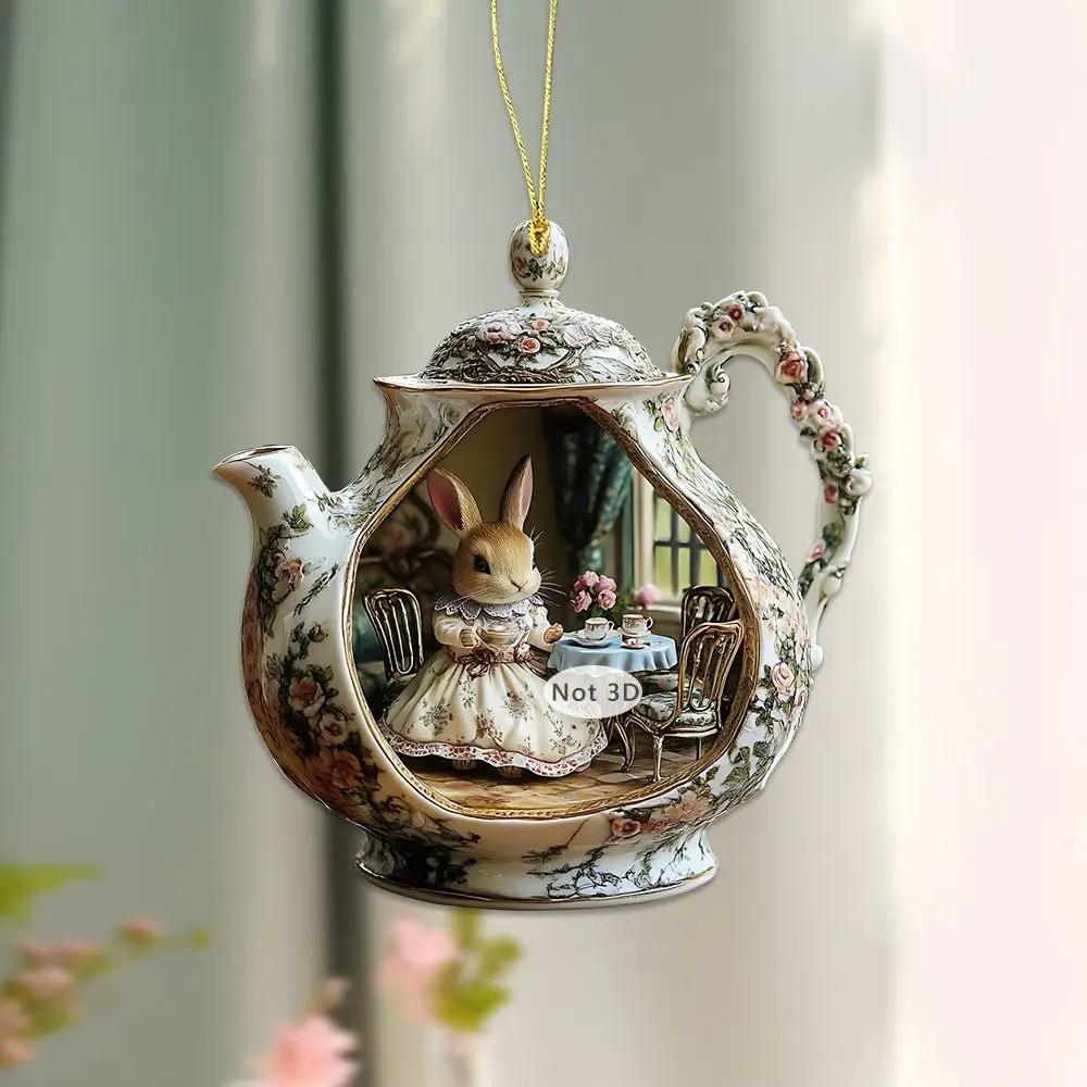 New 2D Acrylic Rabbit in Teacup Pendant Flat Bag Pendant Charms Christmas Hanging Pendants Christmas Tree Ornament New Year Gift