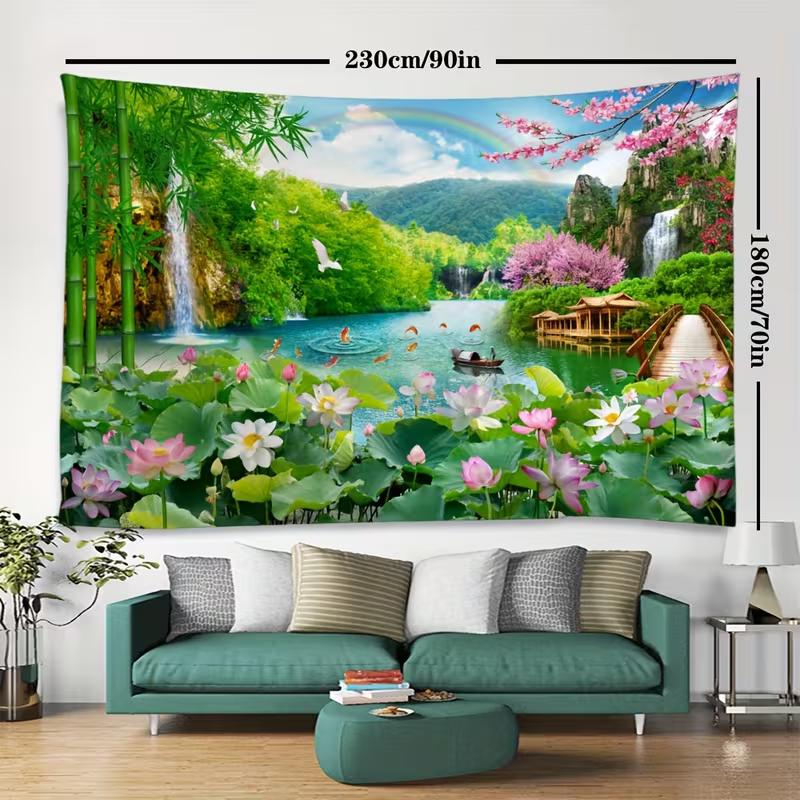 2D Natur Fluss Wandteppich Lotus Wasserfall Berg Hintergrundtuch für Zuhause