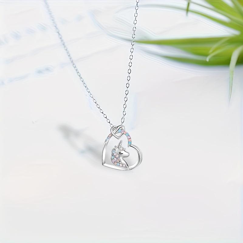 European & American Cute Colorful Diamond Heart & Unicorn Pendant Necklace for Children
