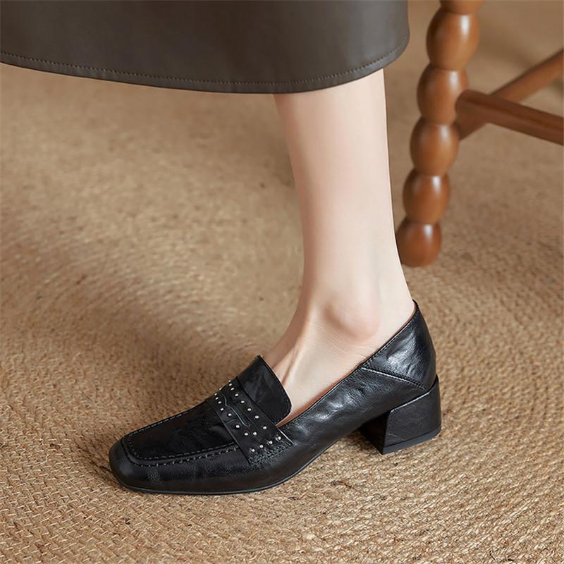 Fashion New Spring/autumn Genuine Leather Women Shoes Square Toe Shoes for Women Fashion Rivet Loafers Shoes Mid Heels Women Pumps