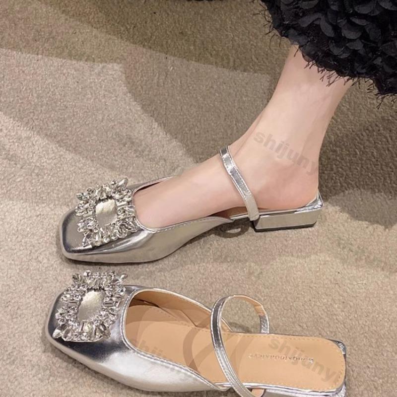 Summer Womens Slippers 2026 Rhinestone Square Toe Fashion Slippers Outdoor Anti Slip Mary Jane High-heel Slippers Zapatos Mujer