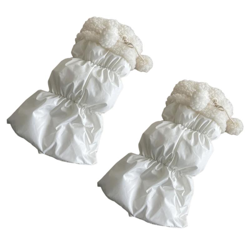 Lamb Fleece Trim Padded Puffer Leg Warmers with Cute Plush Balls for Women Warm Thermal Quilted Boot Cuffs Foot Covers