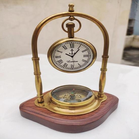 Tischuhr aus Messing mit Kompass Viktorianischer Stil Schreibtischdeko