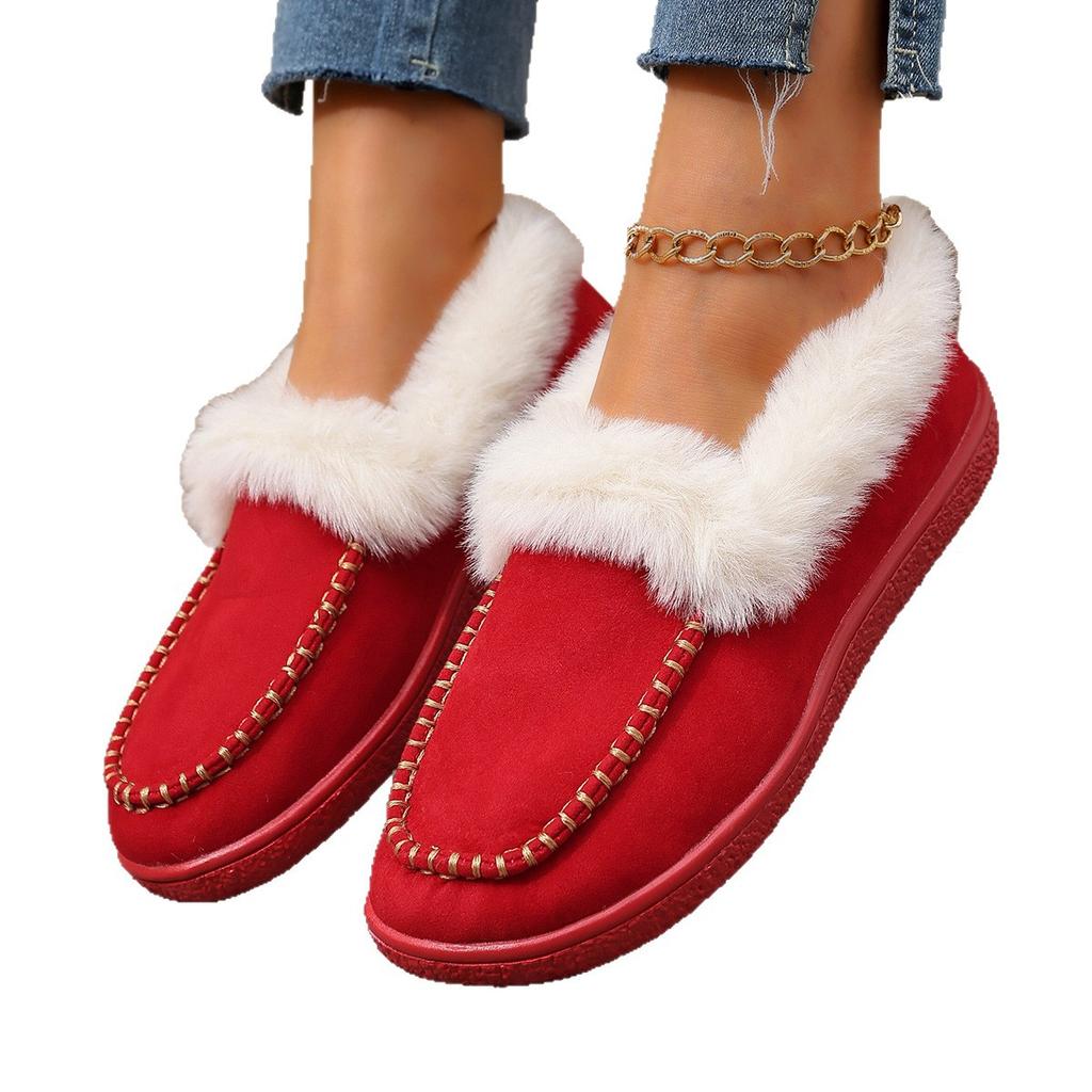 2025 Winter New Round Head Fluffy Shoes Retro Fashion Versatile Foreign Style Flat Bottom Velvet Thickened Cotton Shoes Women