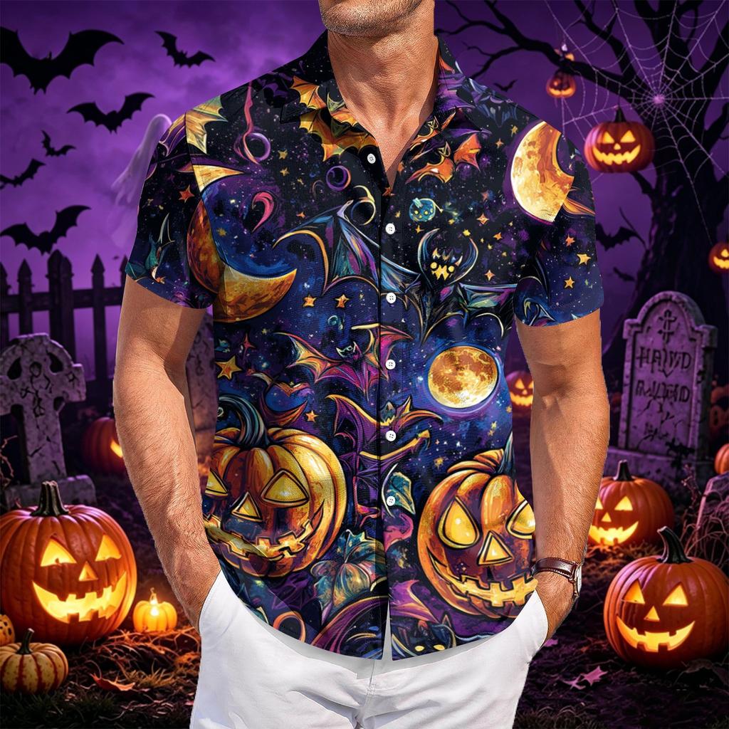 Men Fashion Casual Halloween Printed Short Sleeve Shirt Button Down Collared Top Flame Pumpkin Pattern Relaxed Fit Lightweight Material