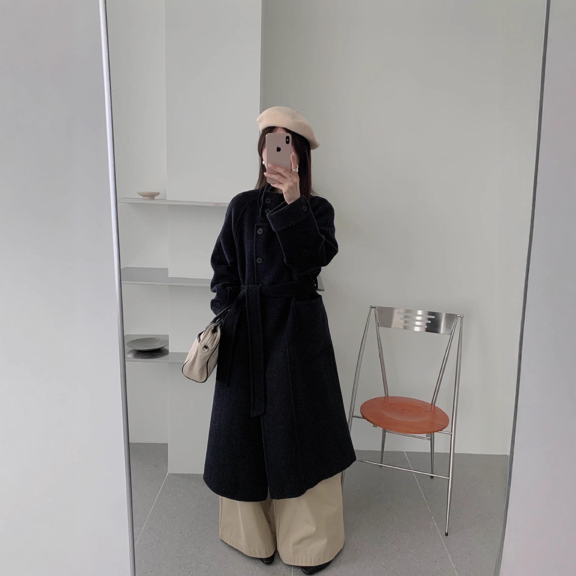 

Пальто из двухсторонней шерсти в корейском стиле со стойкой, поясом и удлиненным дизайном для осени/зимы 2025 Medium