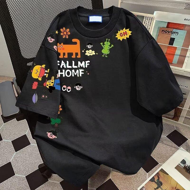 

Мужская футболка с коротким рукавом Tide Летняя свободная футболка с рукавом пять минут Новая повседневная универсальная трендовая простая футболка с принтом M чёрный