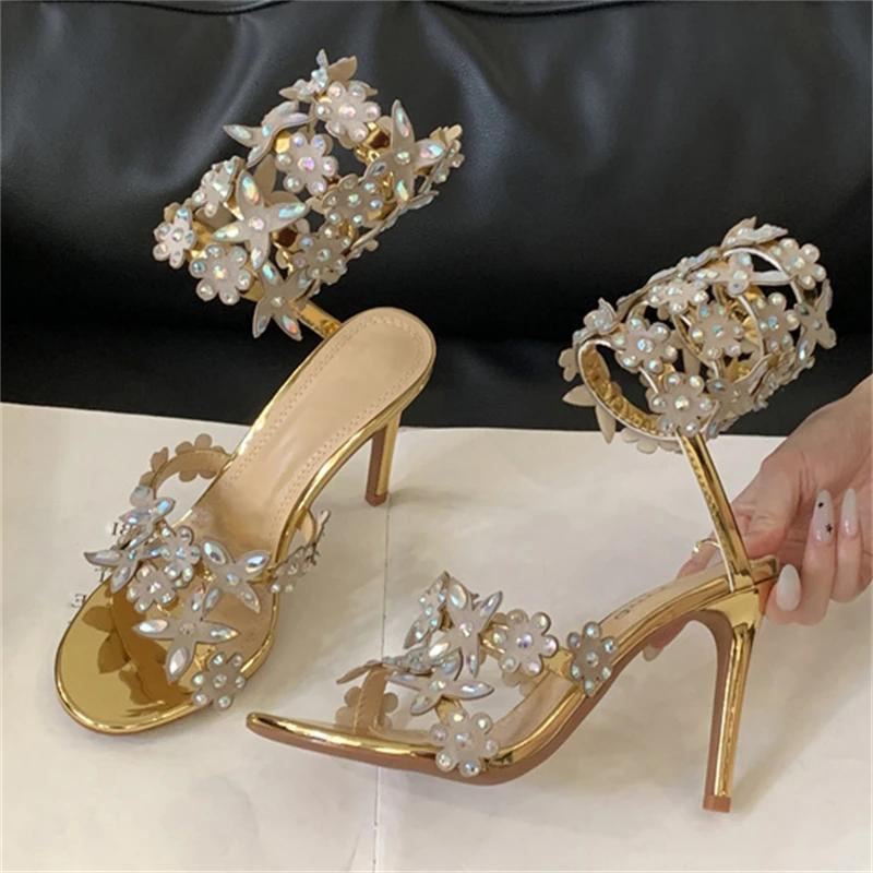 Fashion Eilyken Street Style Flower Crystal Rhinestone Pointed Toe Women Sandals  Sexy Ankle Strap Thin High Heels Banquet Wedding Shoes
