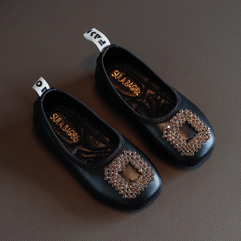 Scarpe di Pelle Chic da Bambina per Bambini Piccoli, Mocassini Slip-on Ballerine con Strass Quadrati da Principessa per Ballo