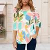 Women Plus Size Round Neck Elbow Length Multicolor Printed Curved Hem T Shirt