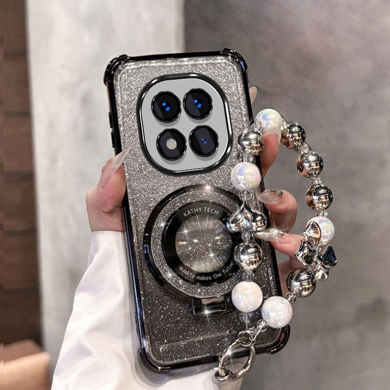 Glitter Magnetic Holder Bracket Phone Case For Xiaomi Redmi Note 14 15 Pro Plus 15 15C 14C 14S 4G 5G Bow Bracelet Silicone Cover