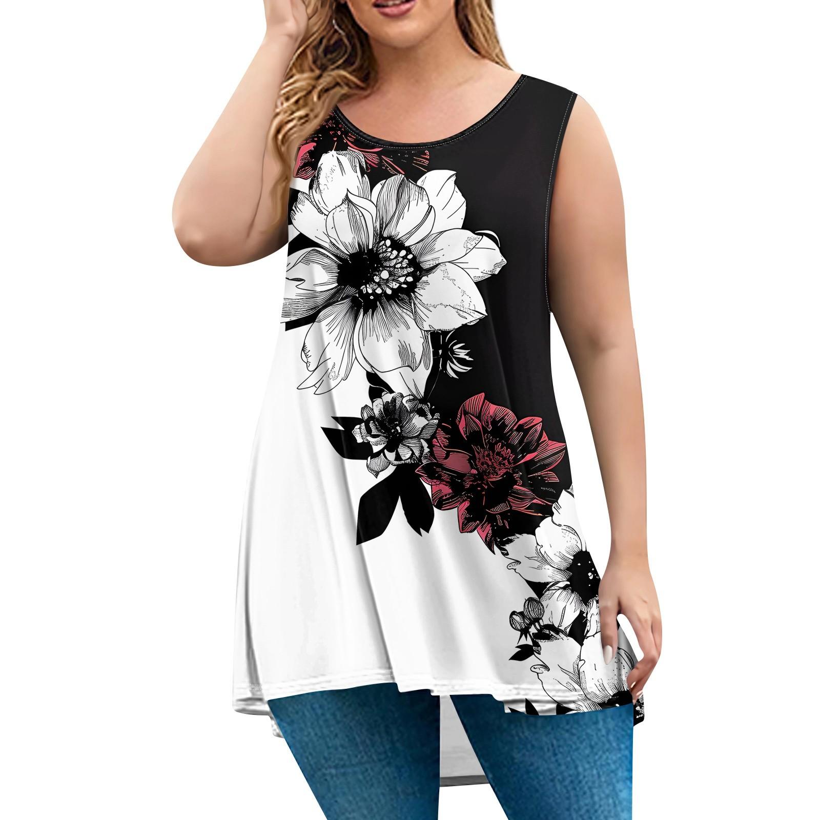 

Женская мода большого размера с круглым вырезом без рукавов повседневный свободный пуловер с принтом XXL чёрный