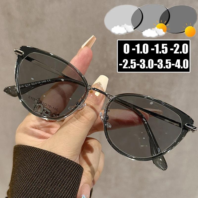 Trendy Cat Eye Myopia Glasses Unisex Color Changing Ladies Near Sight Eyeglasses Finished Prescription Pochromic Sunglasses