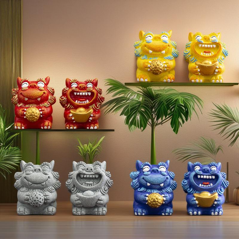 A Pair Lucky Stone Lion Statuette Bluestone Carving Chinese Mascot Home Room Office Potted Fish Tank Ornaments High Quality Gift