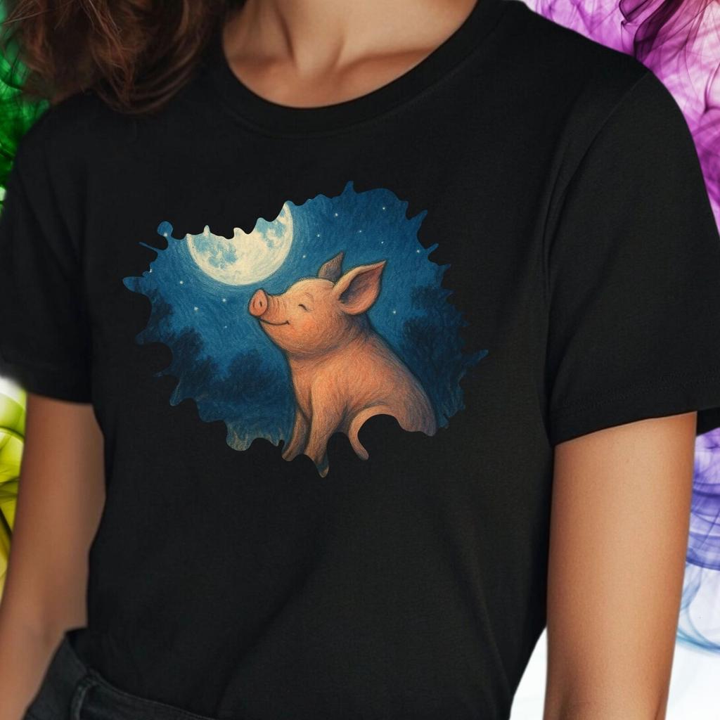 T-Shirt Frauen Schwein im Mondlicht Motiv Baumwolle Größe S bis 3XLWird in neuem Fenster oder Tab geöffnet