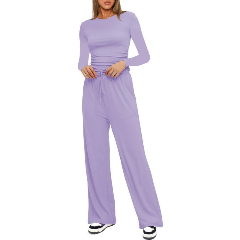 Autumn Women's Casual Pant Suit Pleated Decoration Solid Color Long Sleeve Top High Waisted Wide Leg Pants Sweatshirt