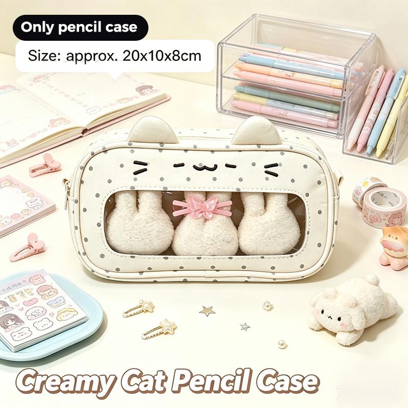 Kawaii Polka Dot Cat Pencil Case Large Capacity Clear Window Inner Pockets For Students School Stationery Storage