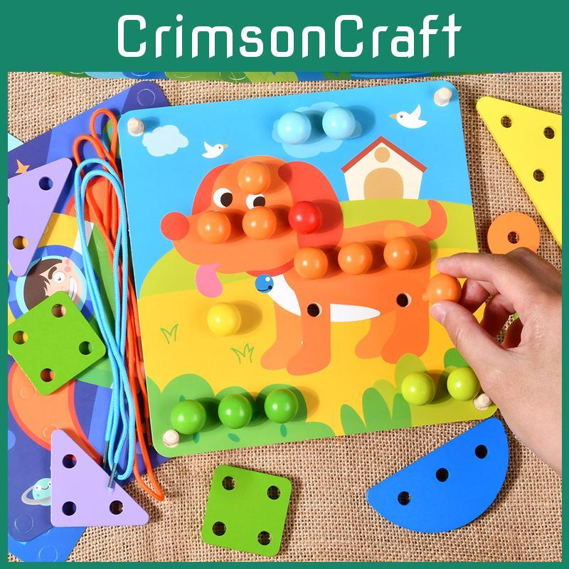 Educational Kids Wooden Threading Board With Mushroom Nail For Development Brain