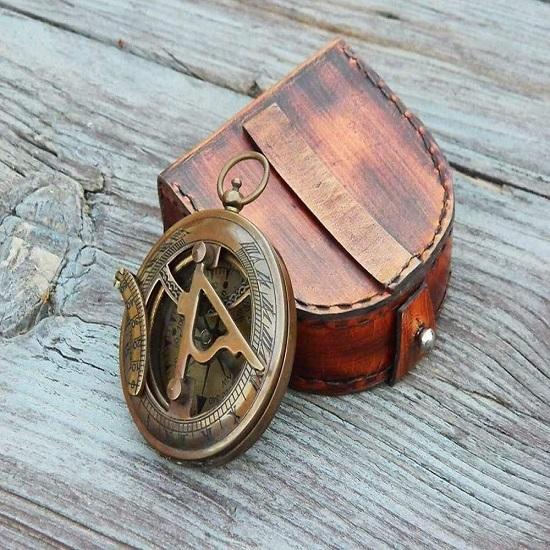 Vintage Sundial Compass with Leather Case Brass Compass Gift for Him Engraved Compass Sundial Push Compass for Camping, Hiking, Touring
