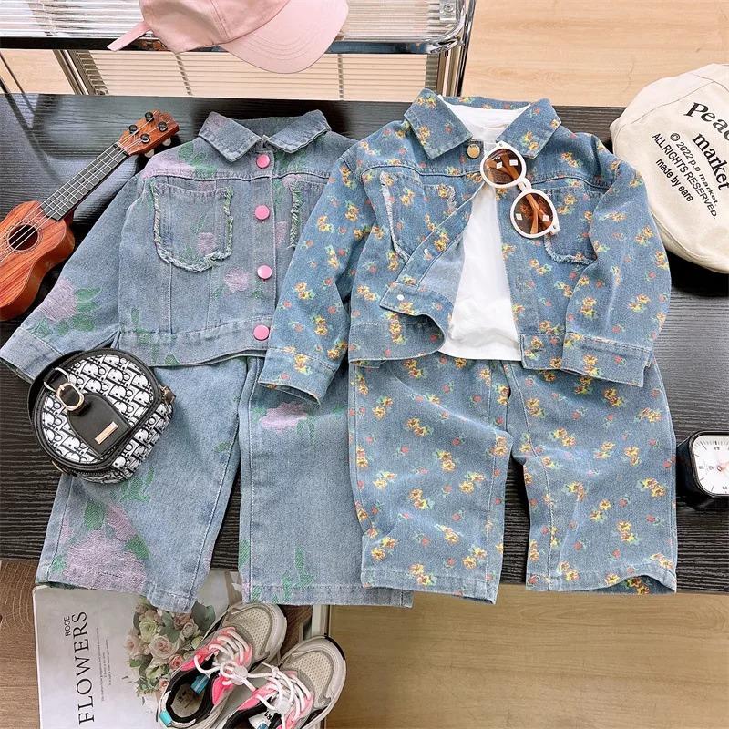 Girls Clothing Sets Spring Autumn Children's Clothing Cute Denim Jacket Cardigan Straight Leg Jeans Kids Suit