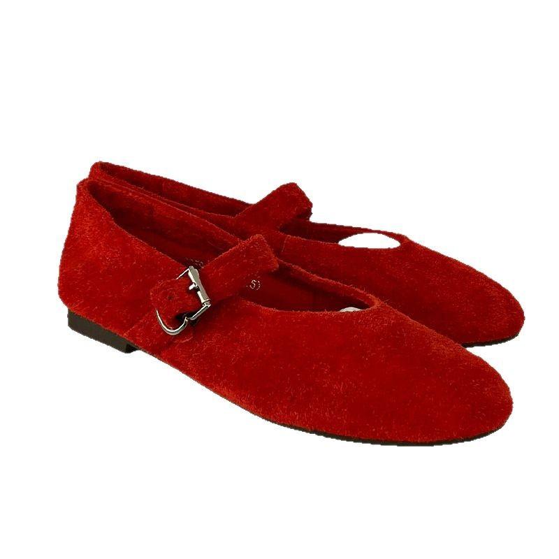 Cowhide Version~ Korean Version of Round Head, Beautiful Mary Jane Shoes, Pulled Cowhide Shallow Mouth Flats, Red Single Shoes for Women