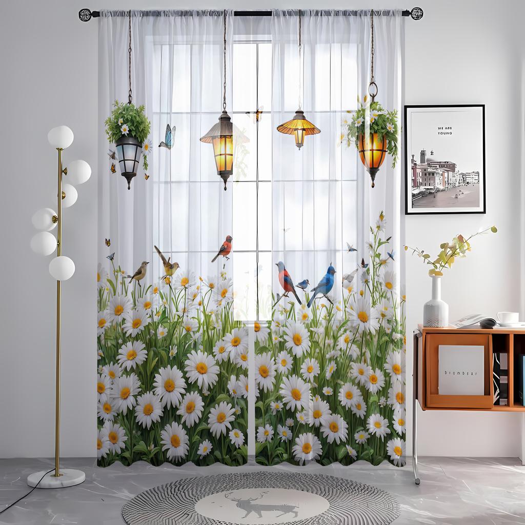 2 st HD digitalt tryckta fönsterskärmar med vita prästkragar Heminredningsstil Inredning Vardagsrum Sovrum Stånggardin E