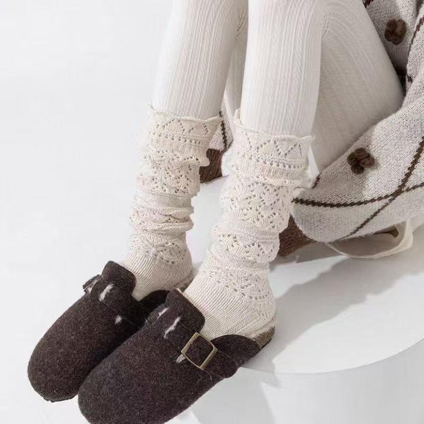 Grey Wool Ballet Style Calf Socks Over the Knee Openwork Retro Korean Scrunch for Women