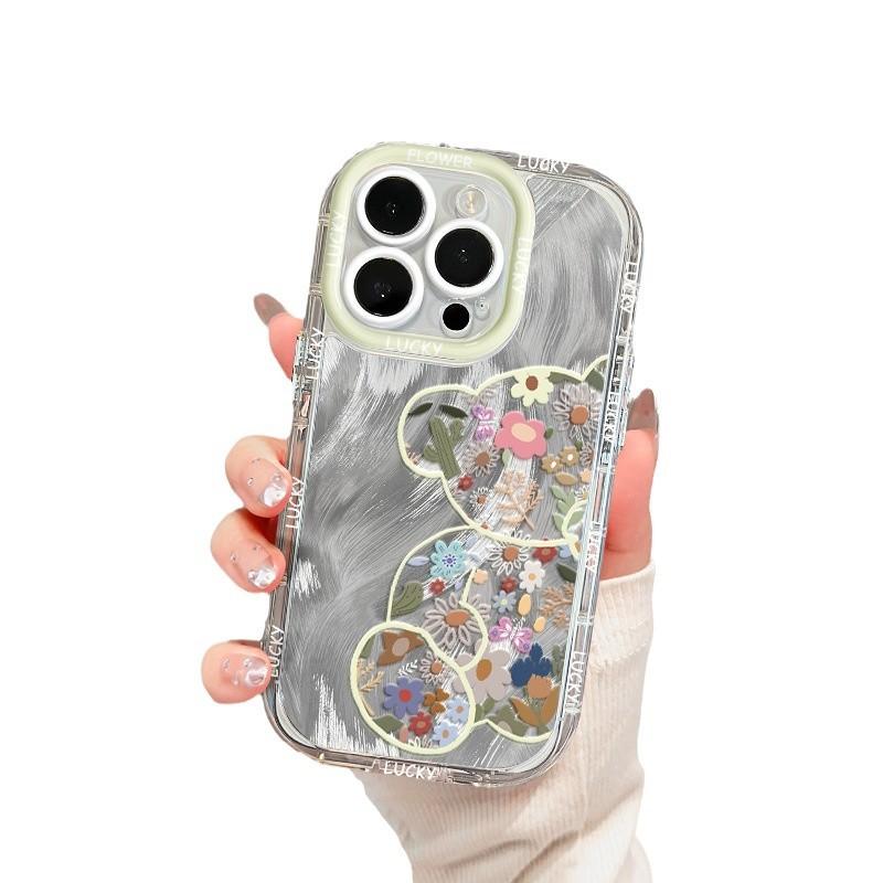 Cartoon Floral Bear Suitable for Apple 16promax Mobile Phone Case Iphone15plus Feather Cream 14 13