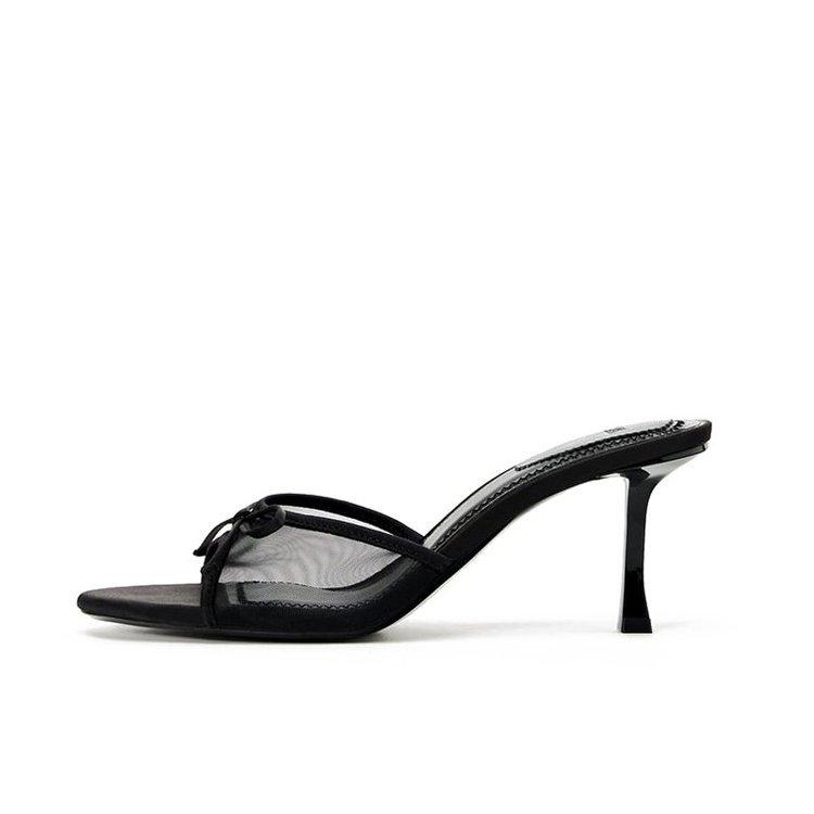 Zomer   Dames Hoge Hakken Veelzijdig Eenvoudig Dunne Hak Dames Sandalen Vrouwelijke Kant Gaas Strik Slippers Muller Slides 40 black