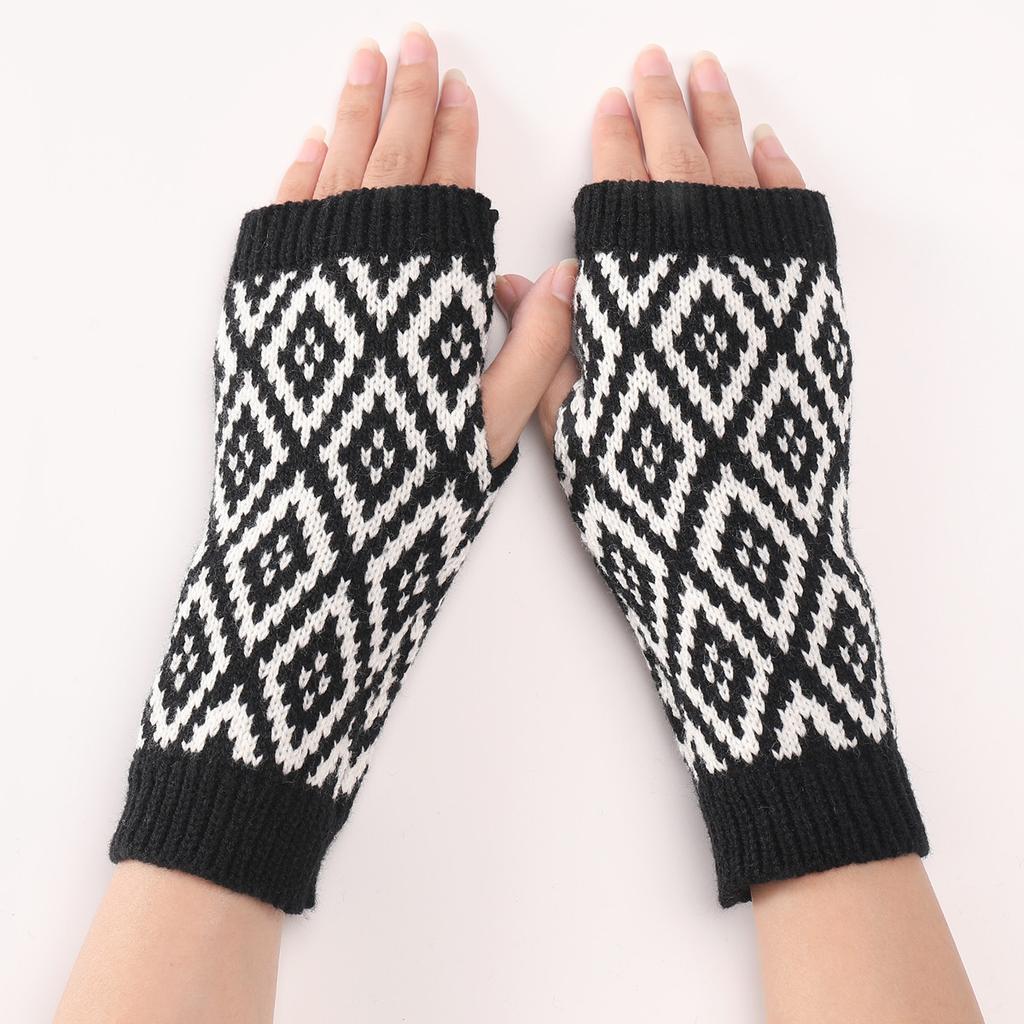 Zweifarbige rautenförmige kurze Handschuhe, neue Herbst- und Winter-Woll-Warme Ärmel, modische Damen-Strick-Fingerhandschuhe