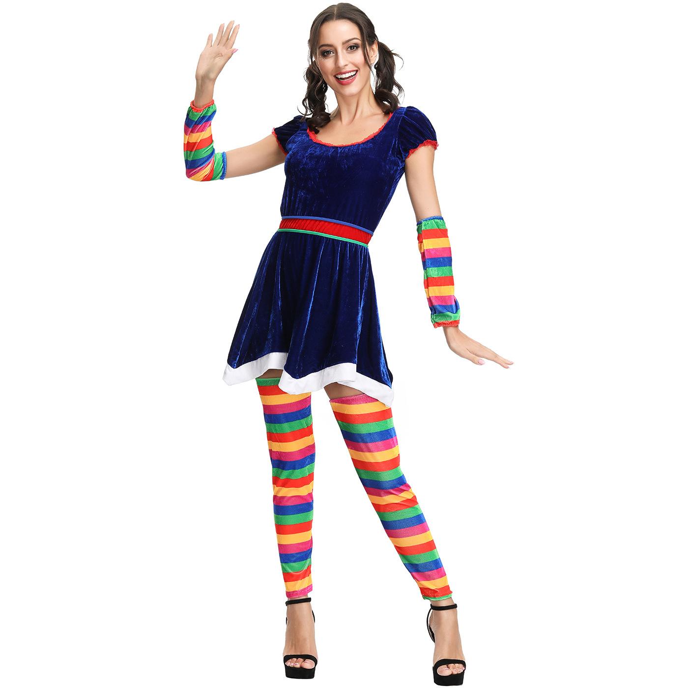 

Rainbow striped Christmas costumes, Halloween party costumes, drama circus clown CO costumes, stage costumes XL