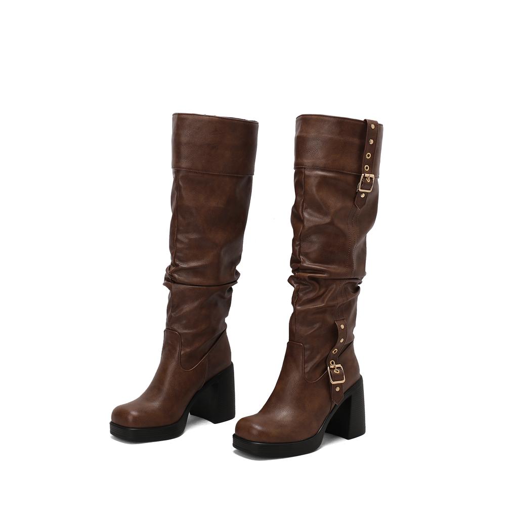 Women's High-heeled Boots Autumn and Winter Thick-heeled Large-size Casual Boots Roman Medium Boots