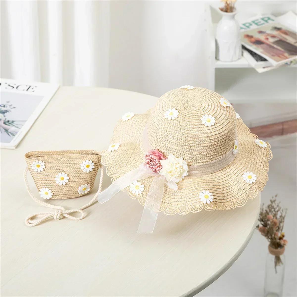 

1 Pcs Summer Straw Hats Girls Flower Wide Brim Hat And with Shoulder Bag Set Princess Beach Travel Sun Protection Fisherman Caps 3-8Y бежевий