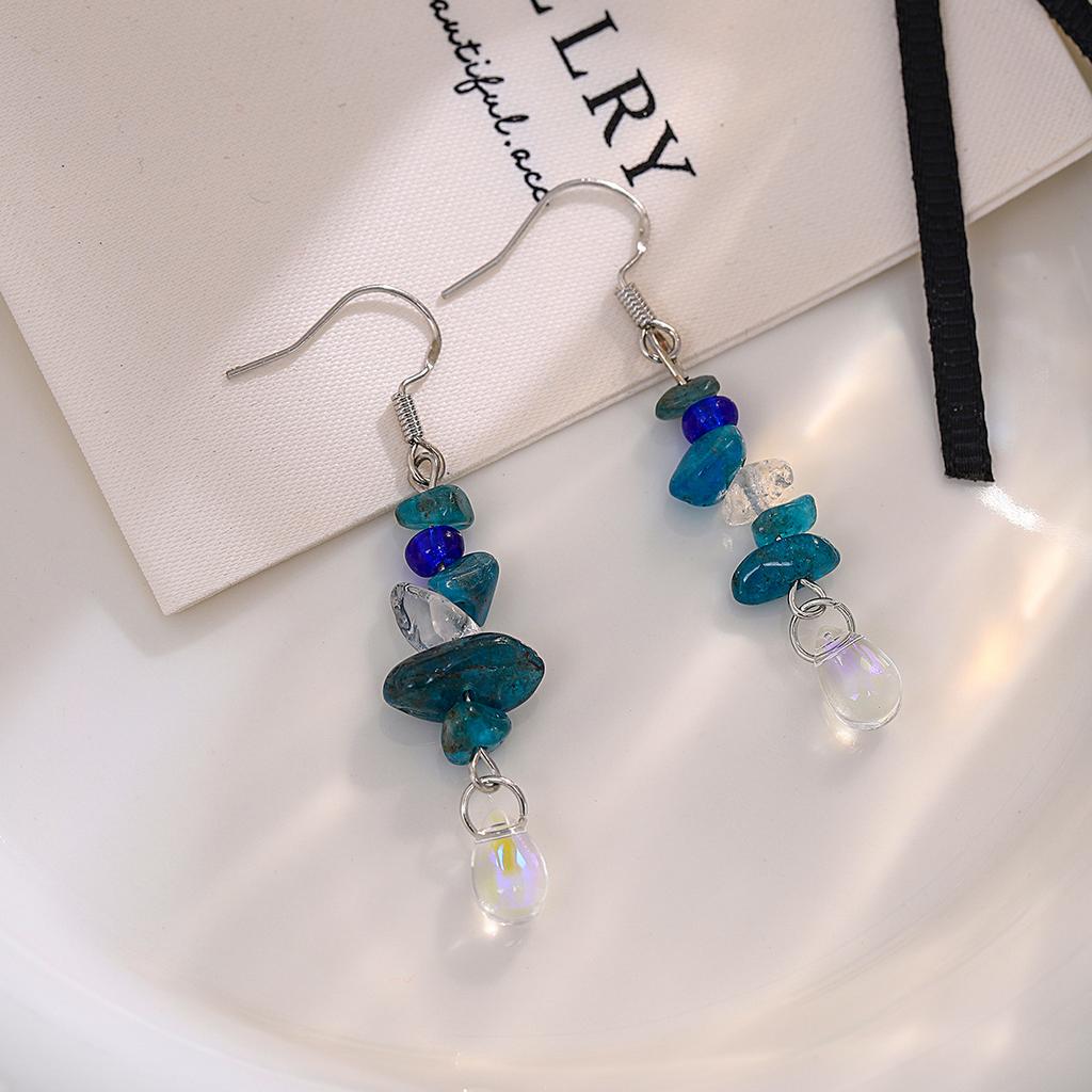 Orecchini Estivi di Alta Gamma con Ghiaia Blu Irregolare, Piccoli e Freschi Orecchini a Goccia con Perline da Donna