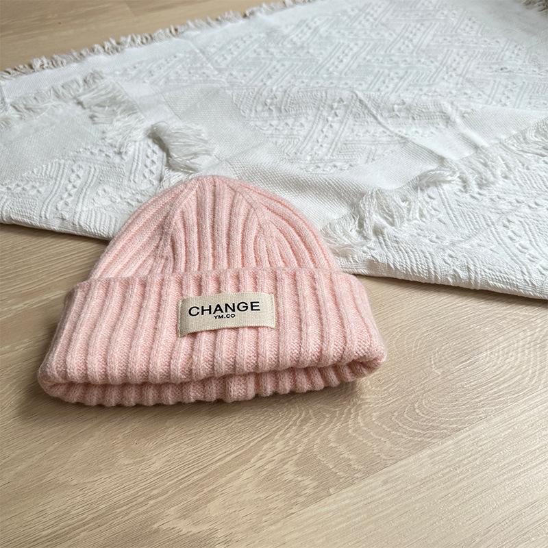 Korean Letter Patch Knitted Woolen Hat Autumn and Winter Warm Curled Edge Woolen Hat Large Head Circumference Loose Knitted Hat