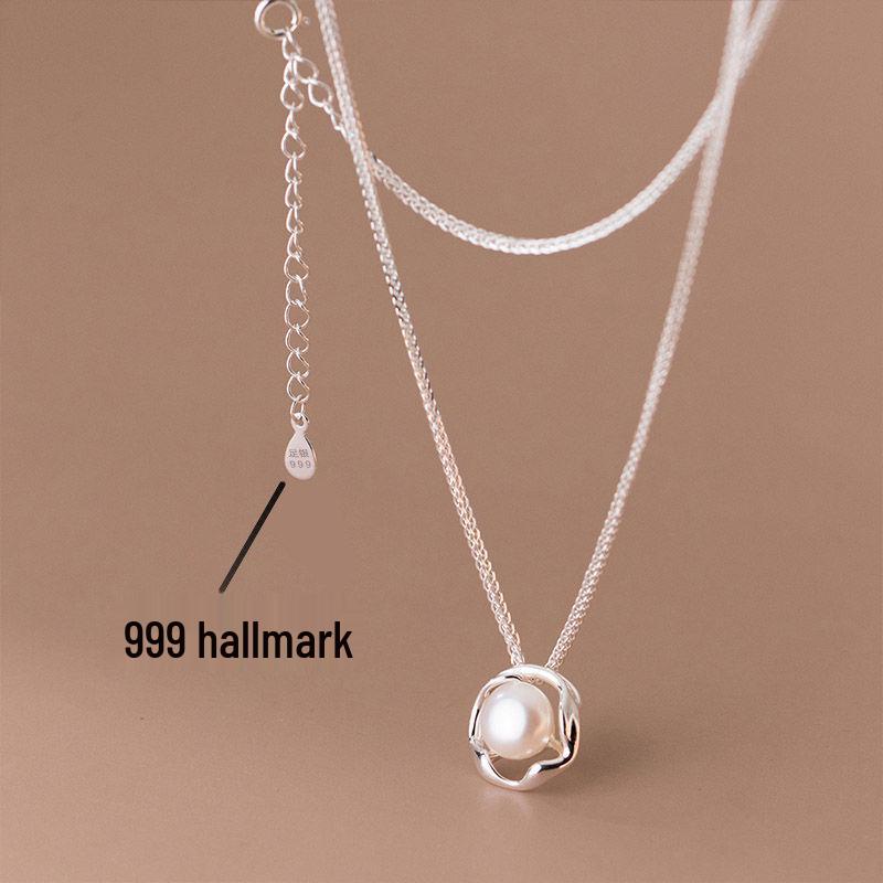 Authentic 999 Pure Silver Pearl Necklace - Elegant French Design Pendant, Perfect Birthday Gift for Girlfriend.