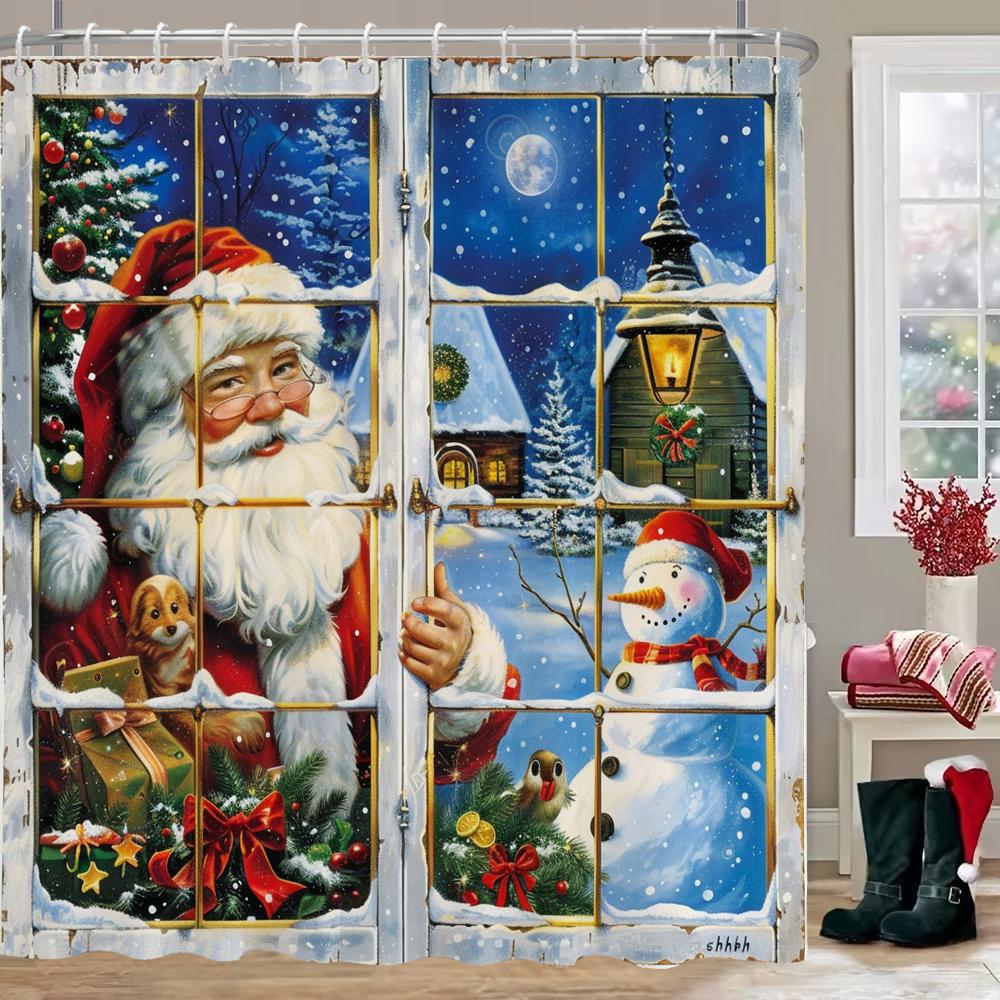 Zimowe Świąteczne Zasłony Prysznicowe Miasto Ulica Bałwan Śnieżna Góra Sceneria Nowy Rok Boże Narodzenie Wystrój Domu Łazienki Zestaw Zasłon Kąpielowych