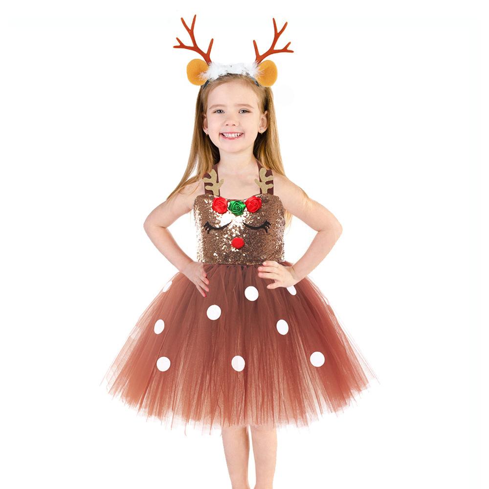 Brown Sequin Deer Costumes for Girls Christmas Princess Dresses Kids Reindeer Cosplay Outfit Children New Year Clothes Xmas Gift