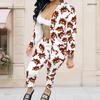 Women Plus Size Stand Collar Long Sleeve Zip Jacket And Pants White Teddy Bear Printed Two Piece Set