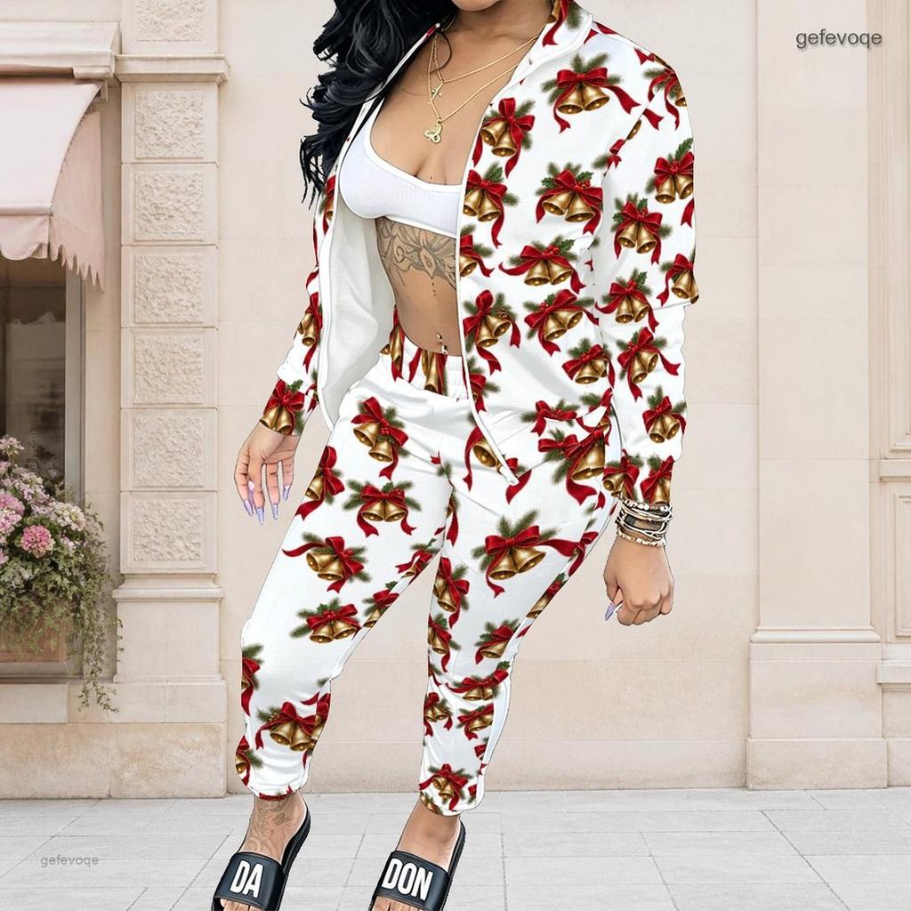 Women Plus Size Stand Collar Long Sleeve Zip Jacket And Pants White Teddy Bear Printed Two Piece Set