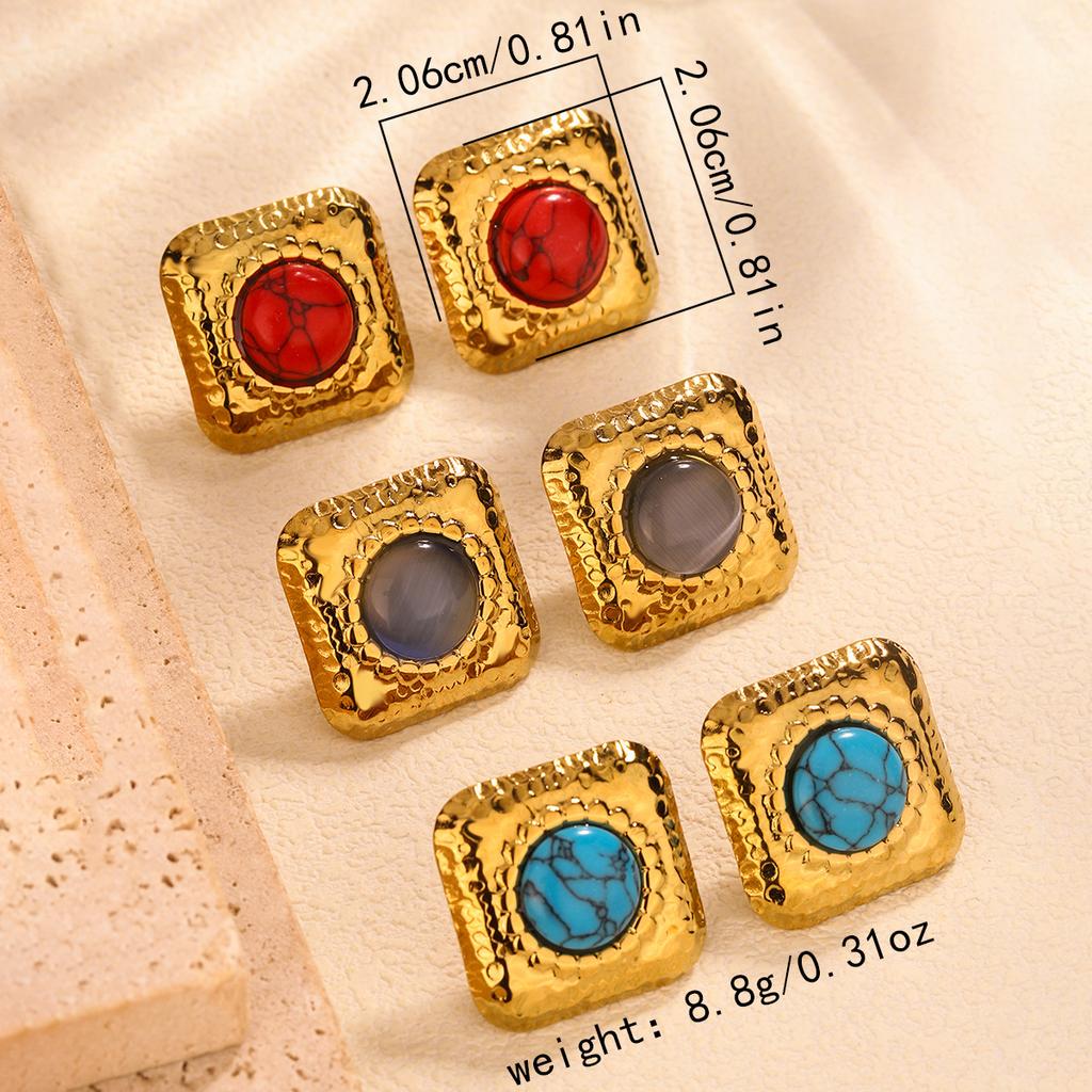 French Retro Turquoise Square Earrings 1111 Trendy Niche Design Sense Premium Earrings Titanium Steel Earrings