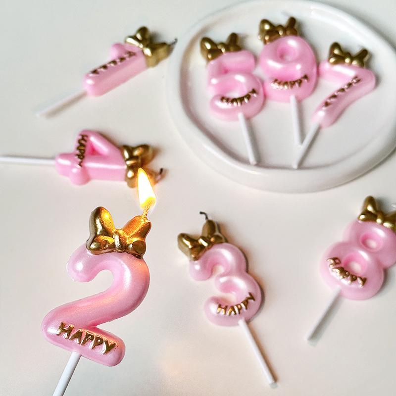Gold Pink Bow Number Candles Birthday Candle Cake Decoration Digital 0-9 Cake Topper Decor Baby Shower Anniversary Day Decor
