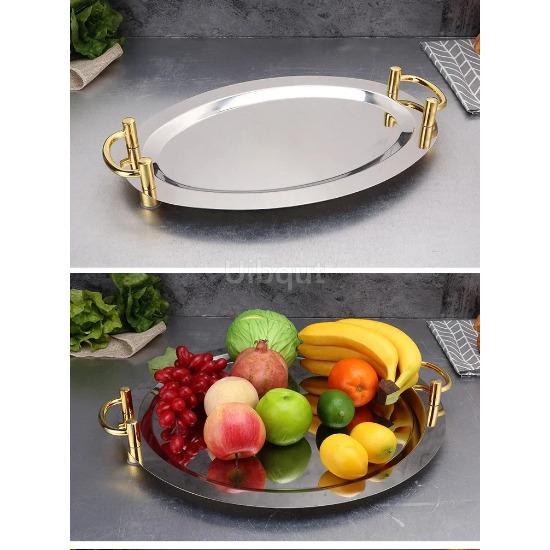 Golden Oval Stainless Steel Big Round Plate Tray Buffet Candy Cake Fruit Mirror Plate Hotel Restaurant Grill Wedding Cute Dish