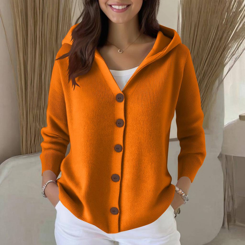 Ladies' Casual Stand Up Collar Knitted Sweater, Solid Color Button Casual Loose Sweater