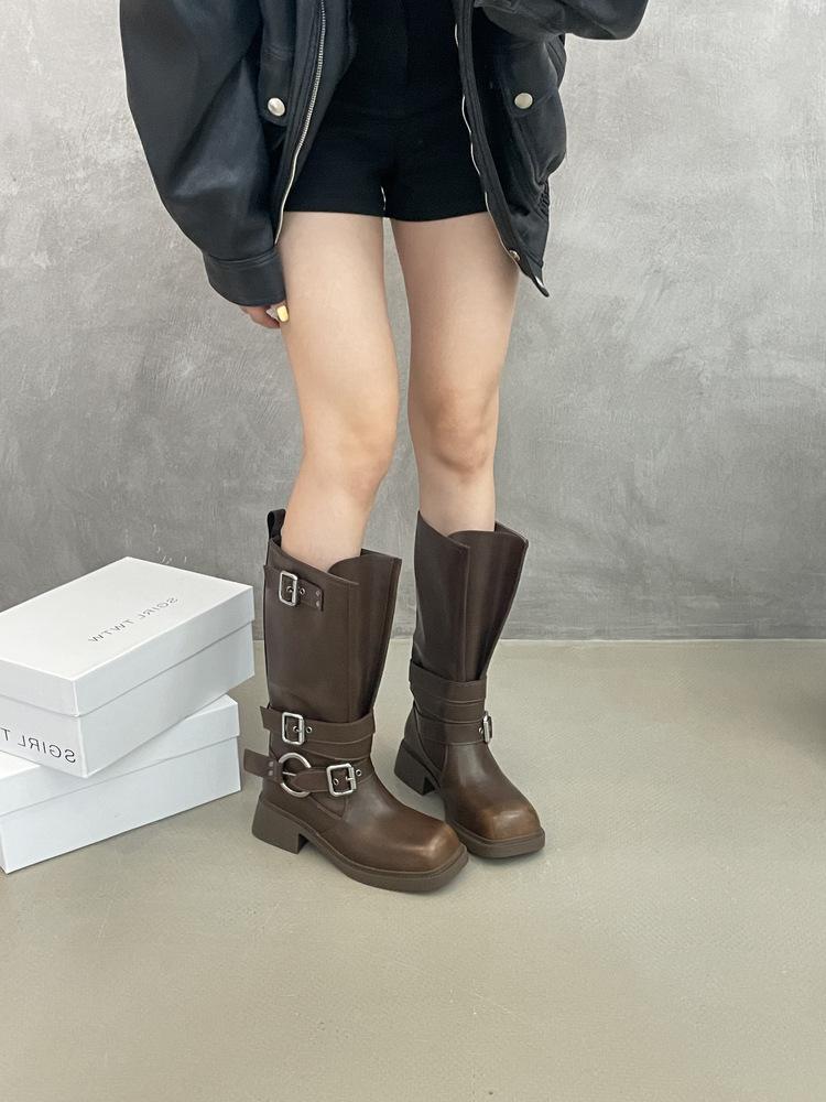 Retro Style Polished Square-Headed Knight Boots Women'S Spring Versatile But Knee-High Boots Slim Casual Boots