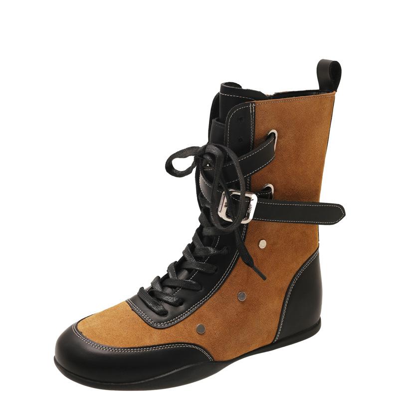 Yueyu Light Luxury Boxing Boots Strap Side Zipper Martin Boots Belt Buckle Short Boots Martin Boots Flat Bottom Fashion Boots Women