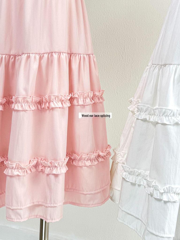 Korean Style A-Line Midi Skirt: Layered Wood Ear Edge, High-Waisted, White Princess Design for Petite Figures - Spring/Summer Fashion