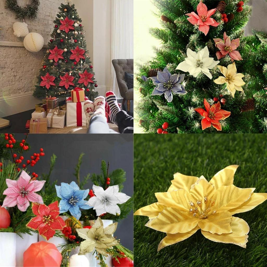 Vibrant 10x Christmas Large Poinsettia Glitter Flower Decorations For Holiday Cheer