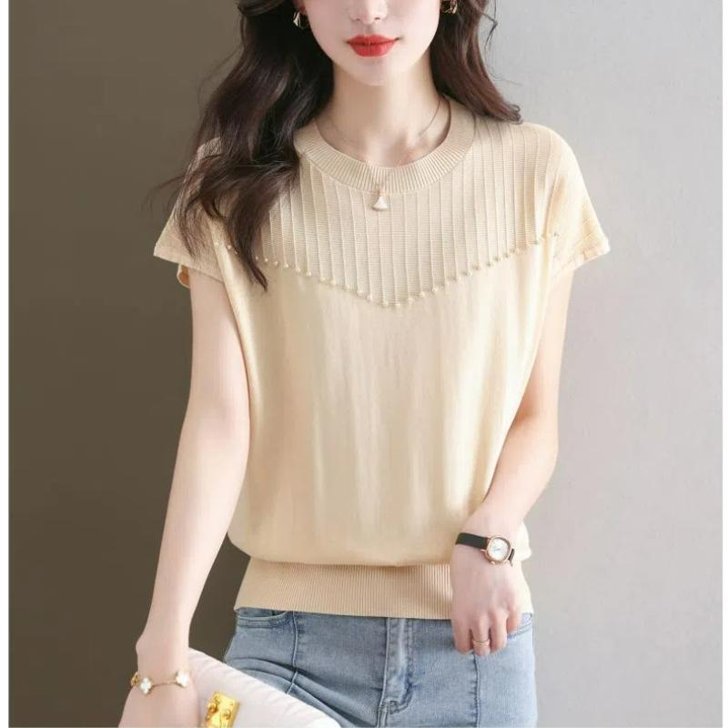 Korean Simple Sweet Fashion Summer Round Neck Short Sleeve T-shirt Women's Solid Patchwork Screw Thread Loose Versatile Knit Top